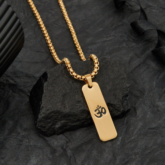 Om Pendant With Matte Finish Gold Stainless Steel Necklace Chain For Men (24 Inch)