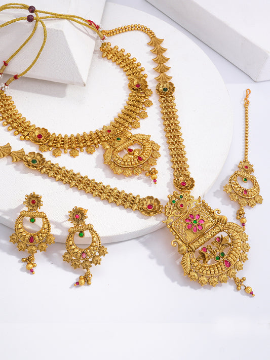 Gold Toned Combo Choker and Matinee Temple Jewellery Set-15