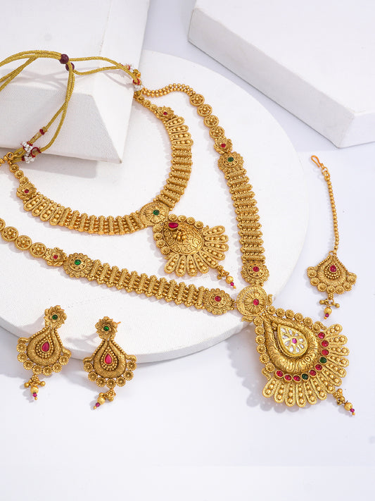 Gold Toned Combo Choker and Matinee Temple Jewellery Set-16
