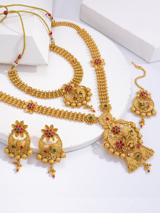 Gold Toned Combo Choker and Matinee Temple Jewellery Set-17